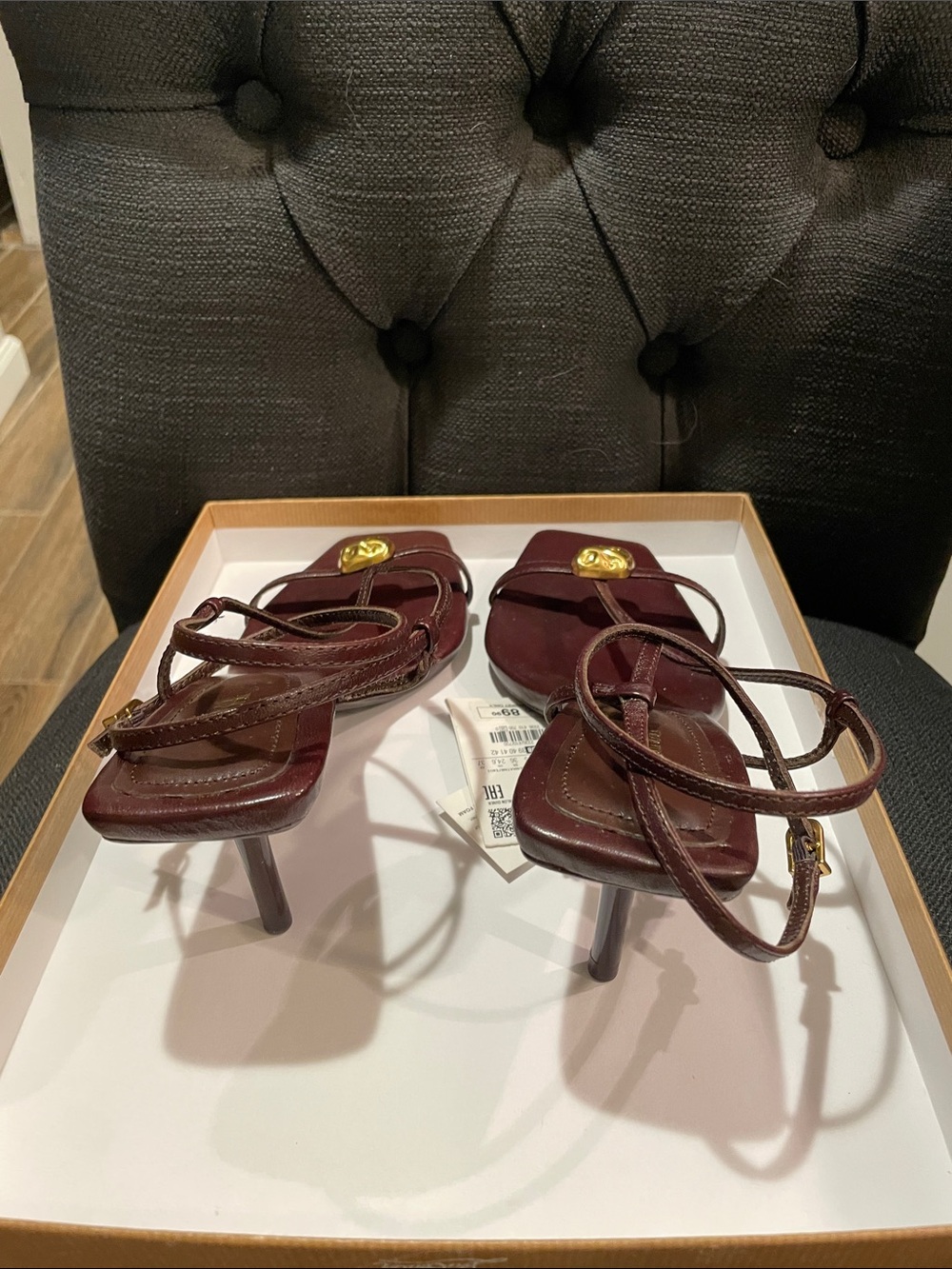Zara Dark Brown Strappy Square-Toe Heeled Sandals with Gold Accents - Picture 5 of 8